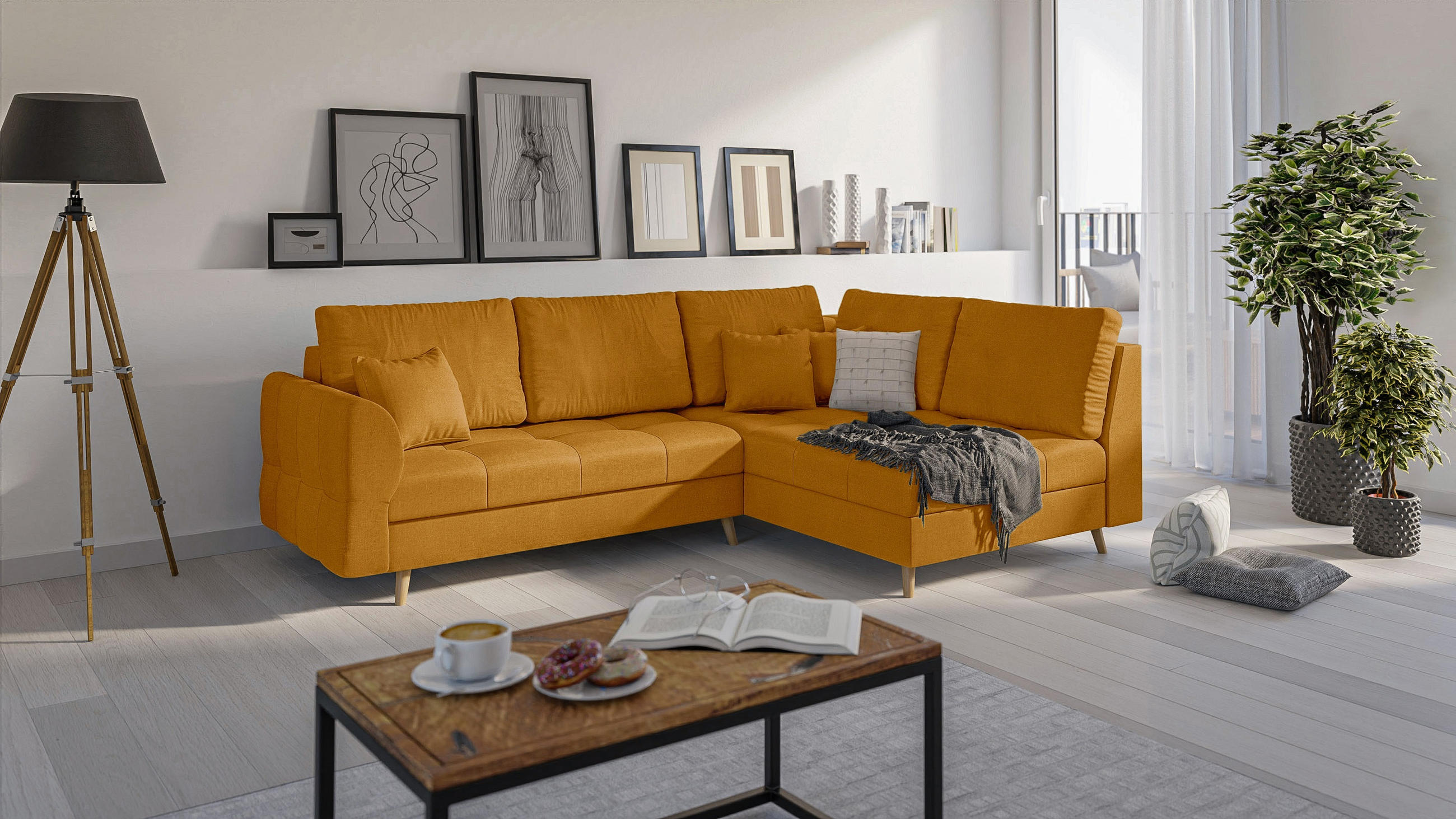 ECKSOFA Lorine Mikrofaser Gelb - Hellbraun/Gelb, Buchenholz/Textil (231/161cm) - S-Style Möbel