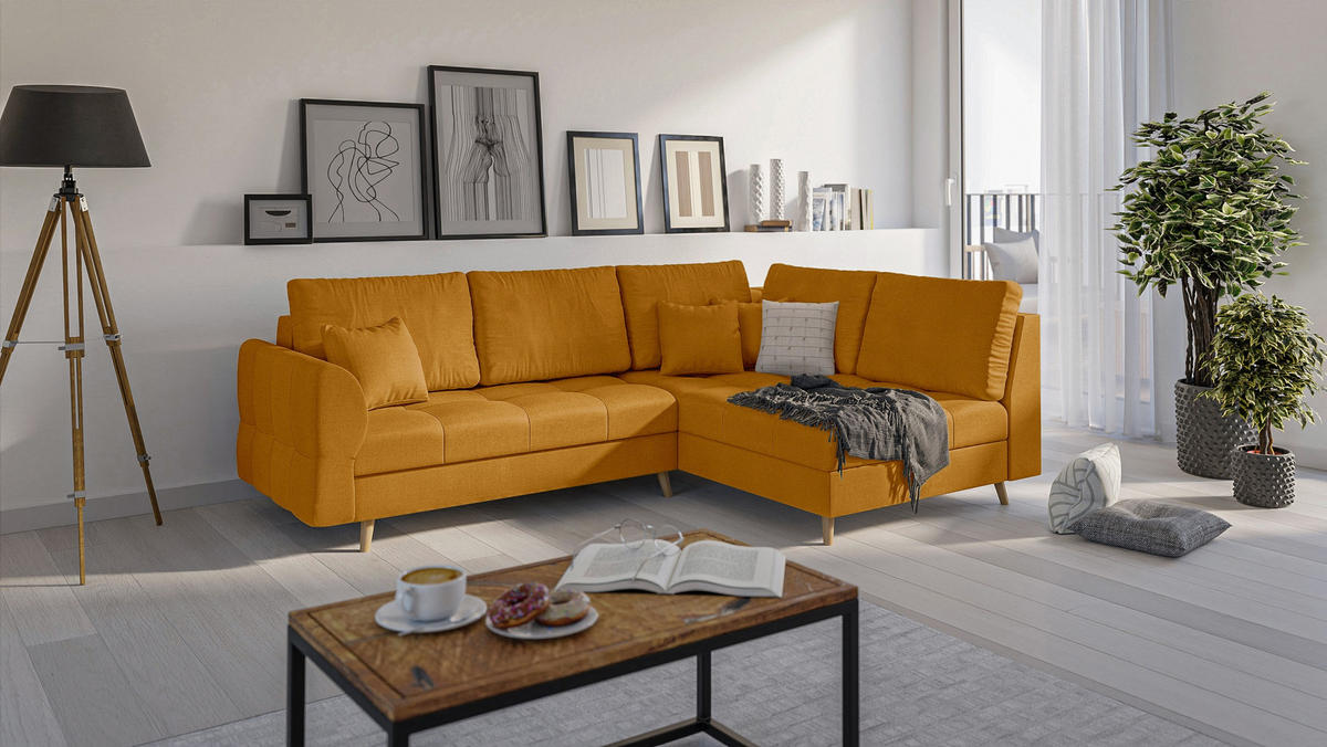 ECKSOFA Lorine Mikrofaser Gelb - Hellbraun/Gelb, Buchenholz/Textil (231/161cm) - S-Style Möbel