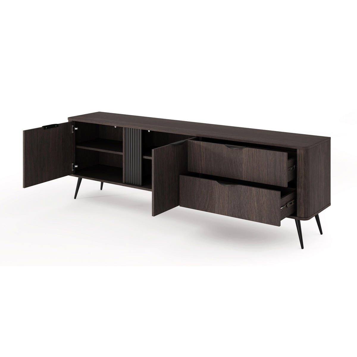 TV stolek Veris 2dveřový se zásuvkami, dub Dunin, 195 cm - tmavě hnědá/černá, kov/kompozitní dřevo (195.2/61.2/38cm) - Selsey