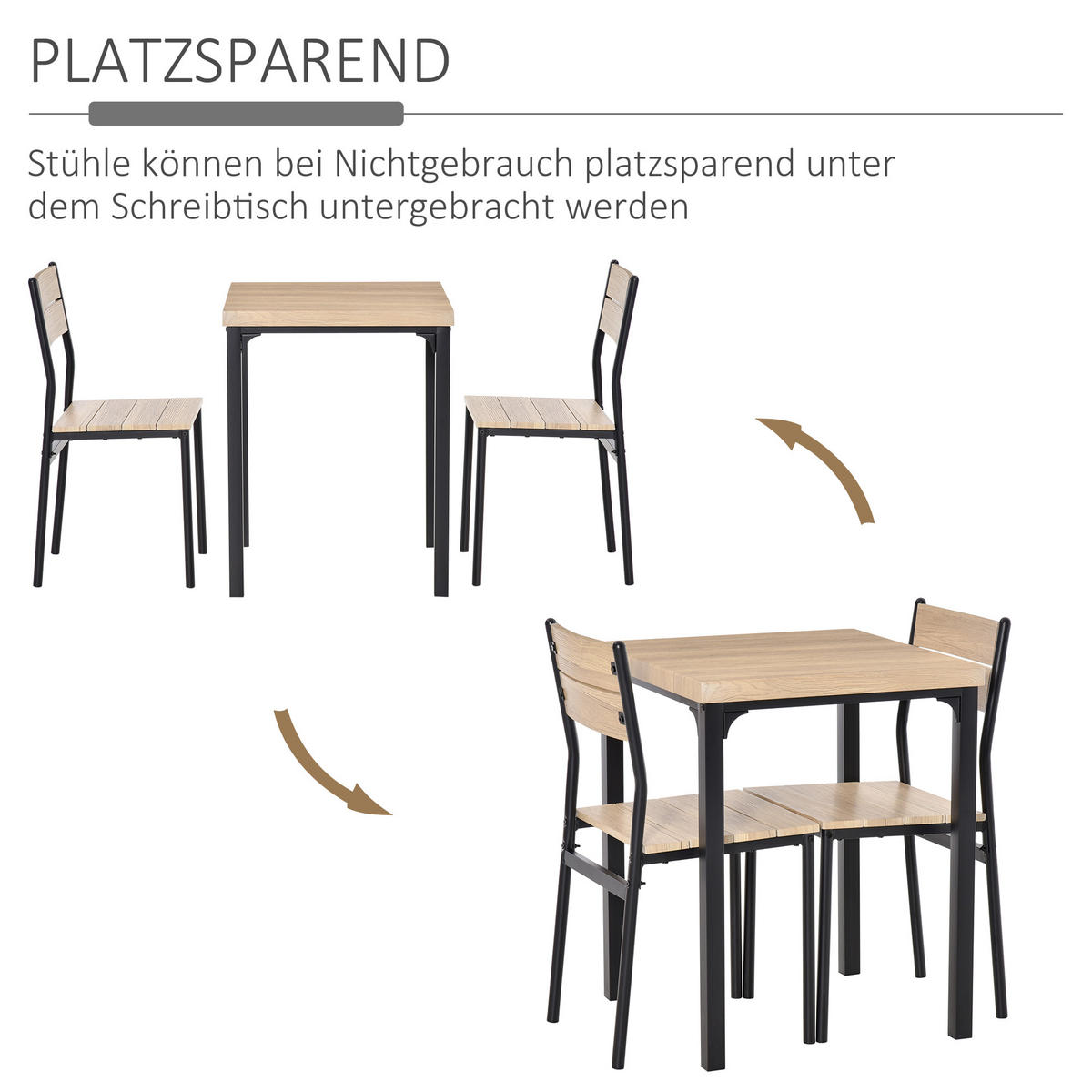 3-TEILIGE Essgruppe Küchentisch mit Metallgestell Esszimmergruppe Sitzgruppe - Schwarz/Naturfarben, Holzwerkstoff/Metall (60/76/60cm) - HOMCOM