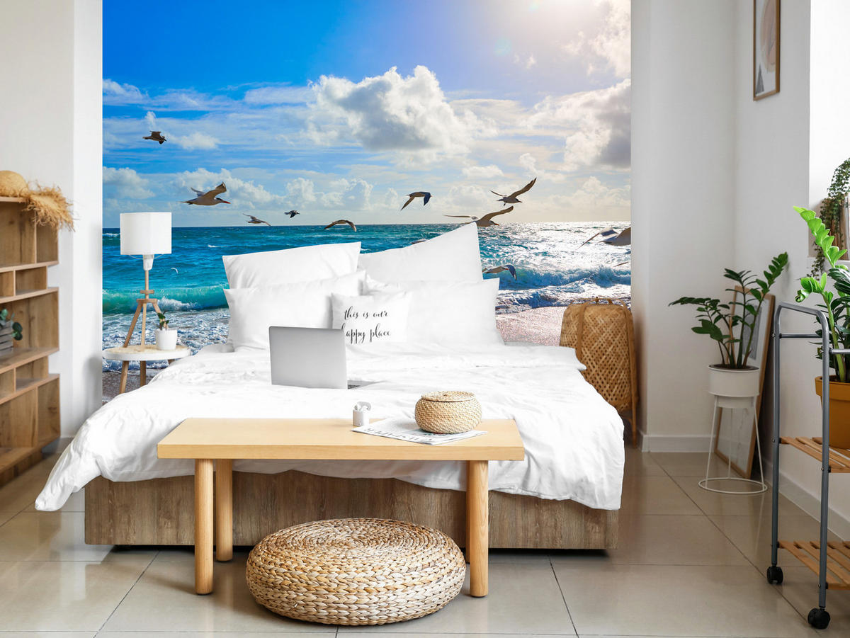 FOTOTAPETE Meer Strand Natur Landschaft 3D 450x315 - Blau/Beige, Papier (450/315cm) - Muralo