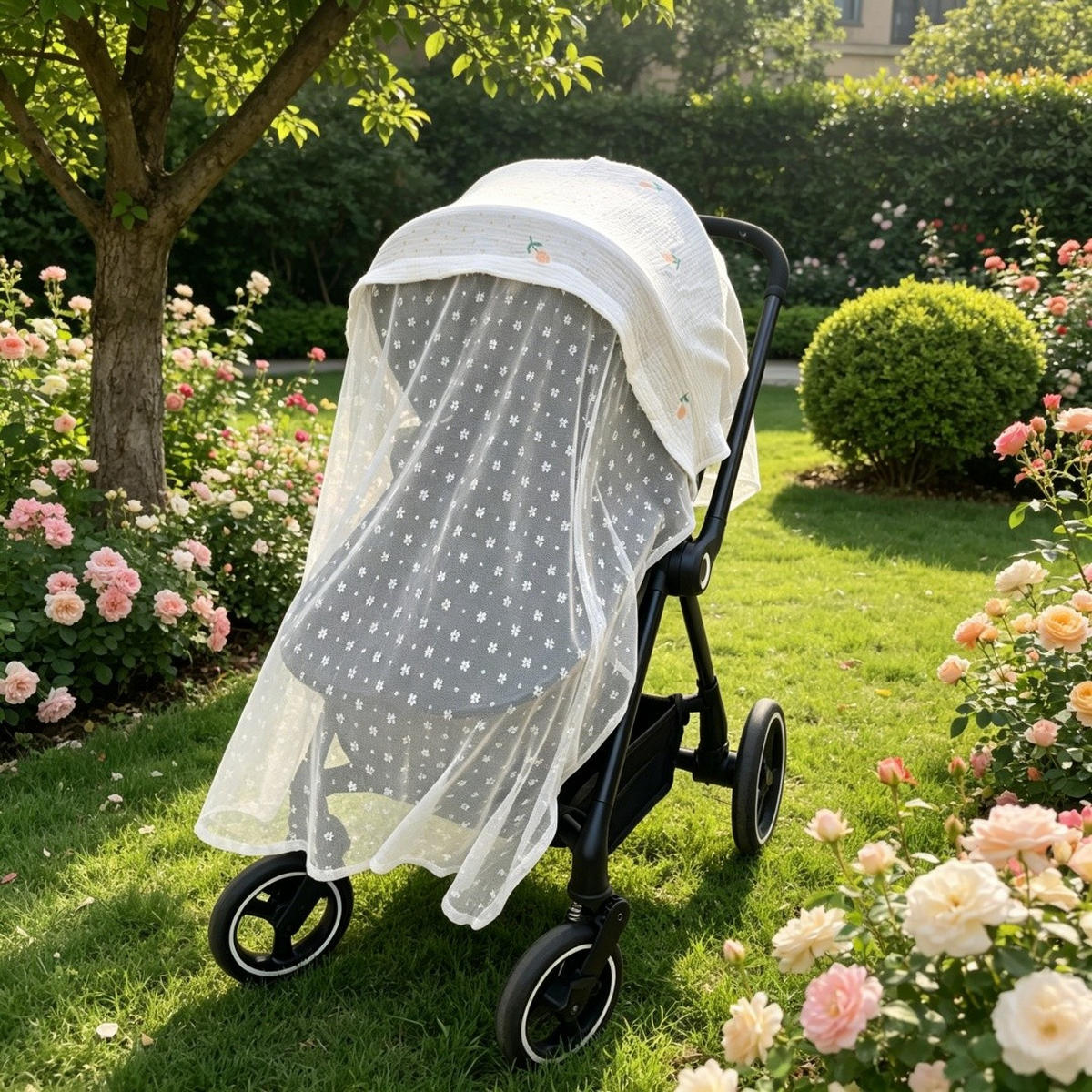 KINDERWAGEN-MOSKITONETZ Tulpenmuster 130x100cm - Hellrosa, Textil - Authentics