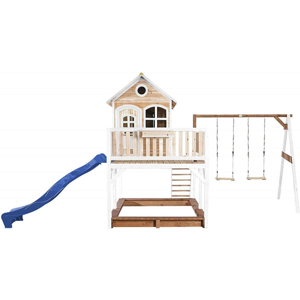 SPIELHAUS Maisonette Liam Brown White mit 2 Schaukeln und blauer Rutsche und Sandkasten - Weiß, Holz (613/291/277cm) - Axi House