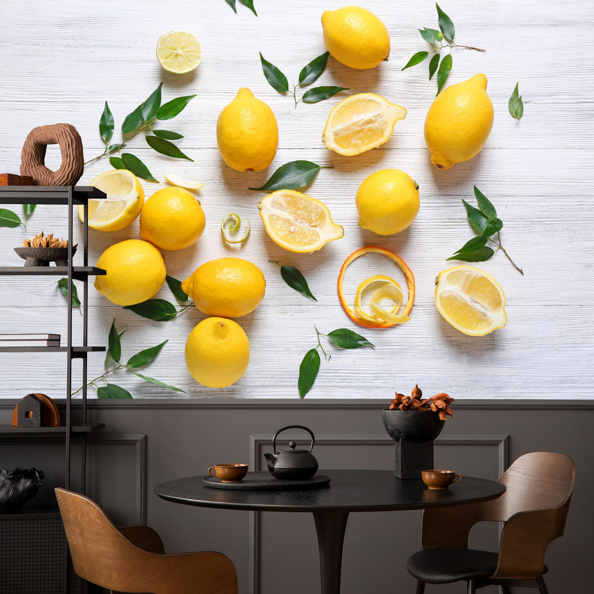 FOTOTAPETE für Küche Zitronen Holztisch Blätter Frisch Rustikal 300x210 - Gelb/Weiß, Papier (300/210cm) - Muralo