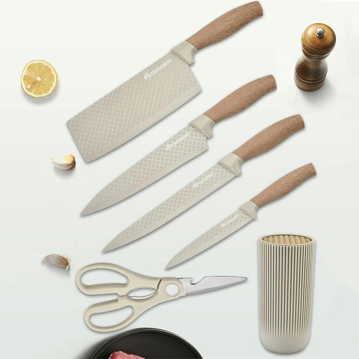 MESSER Set 6-teiliges Khaki Edelstahl mit Messerblock - Creme, Metall