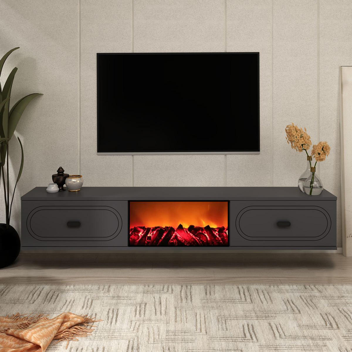 TV-MÖBEL Fyra anthrazit 150 cm im zeitgenössischen Stil mit LED-Kamin - Grau, Holz (150/29/44cm) - Concept Usine