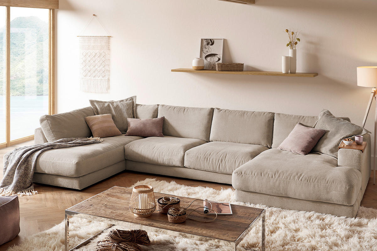 WOHNLANDSCHAFT MADELINE Taupe Cord - Taupe/Schwarz, Kunststoff/Textil (425/86/224cm) - KAWOLA