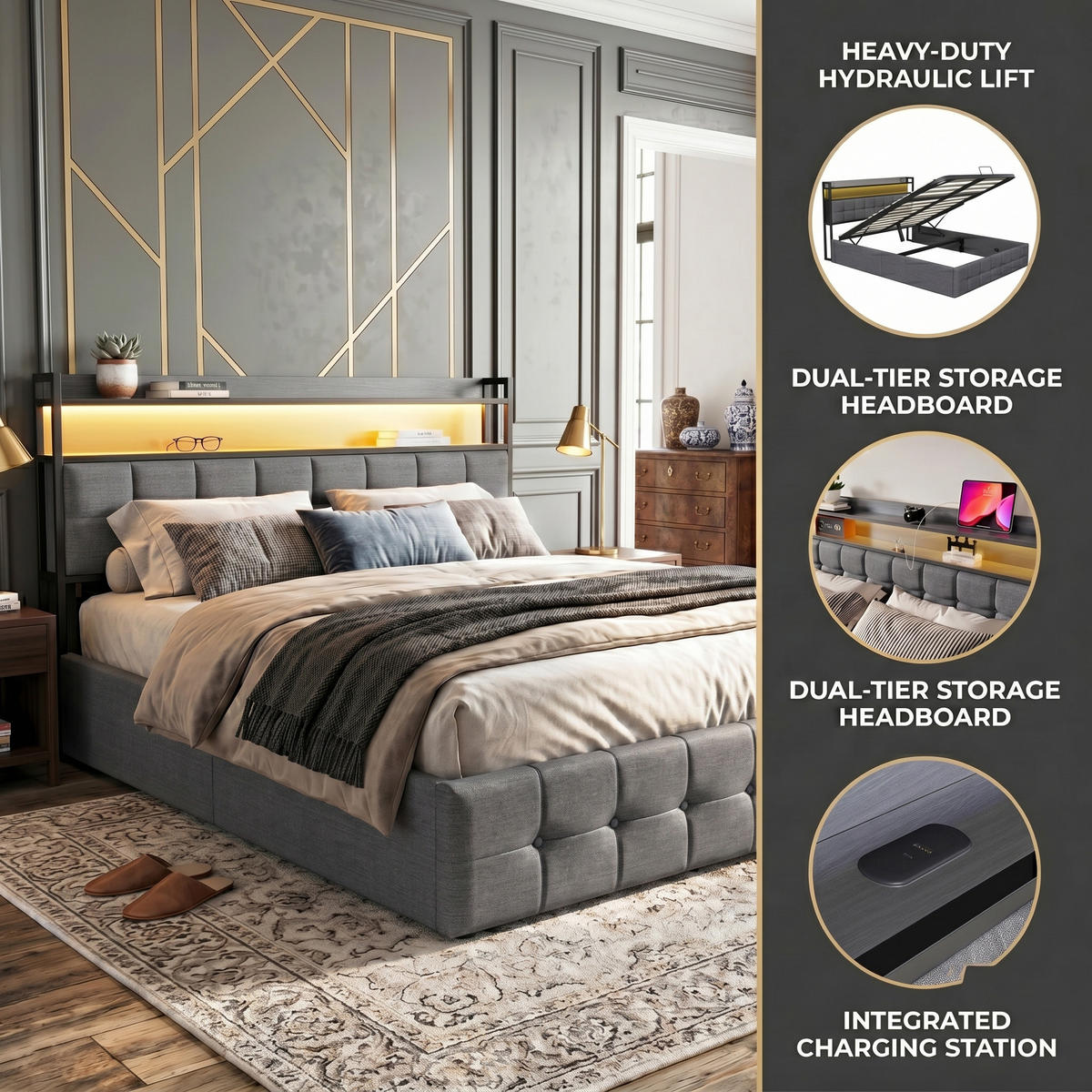 POLSTERBETT Geometrisch 140/200 cm mit Bettkasten & Regalkopfteil Leinenoptik Grau - Grau, Textil (140/200cm) - Creahappy
