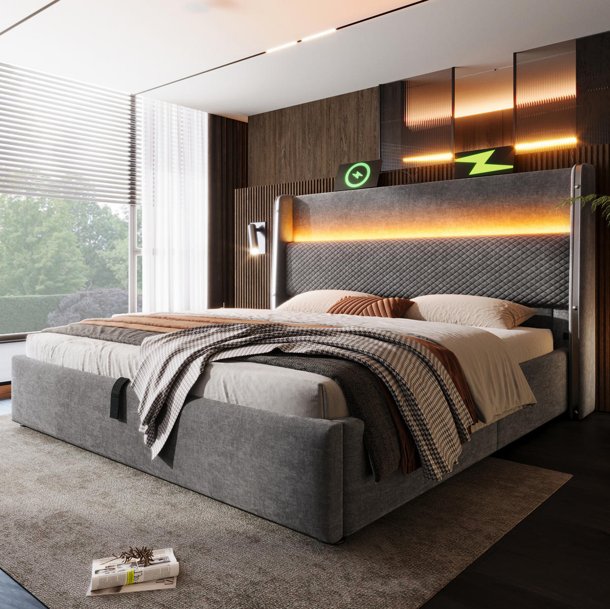 POLSTERBETT 140/200 cm mit Bettkasten, LED-Beleuchtung und gepolstertem Kopfteil - Grau, Textil (140/200cm) - BEAOK