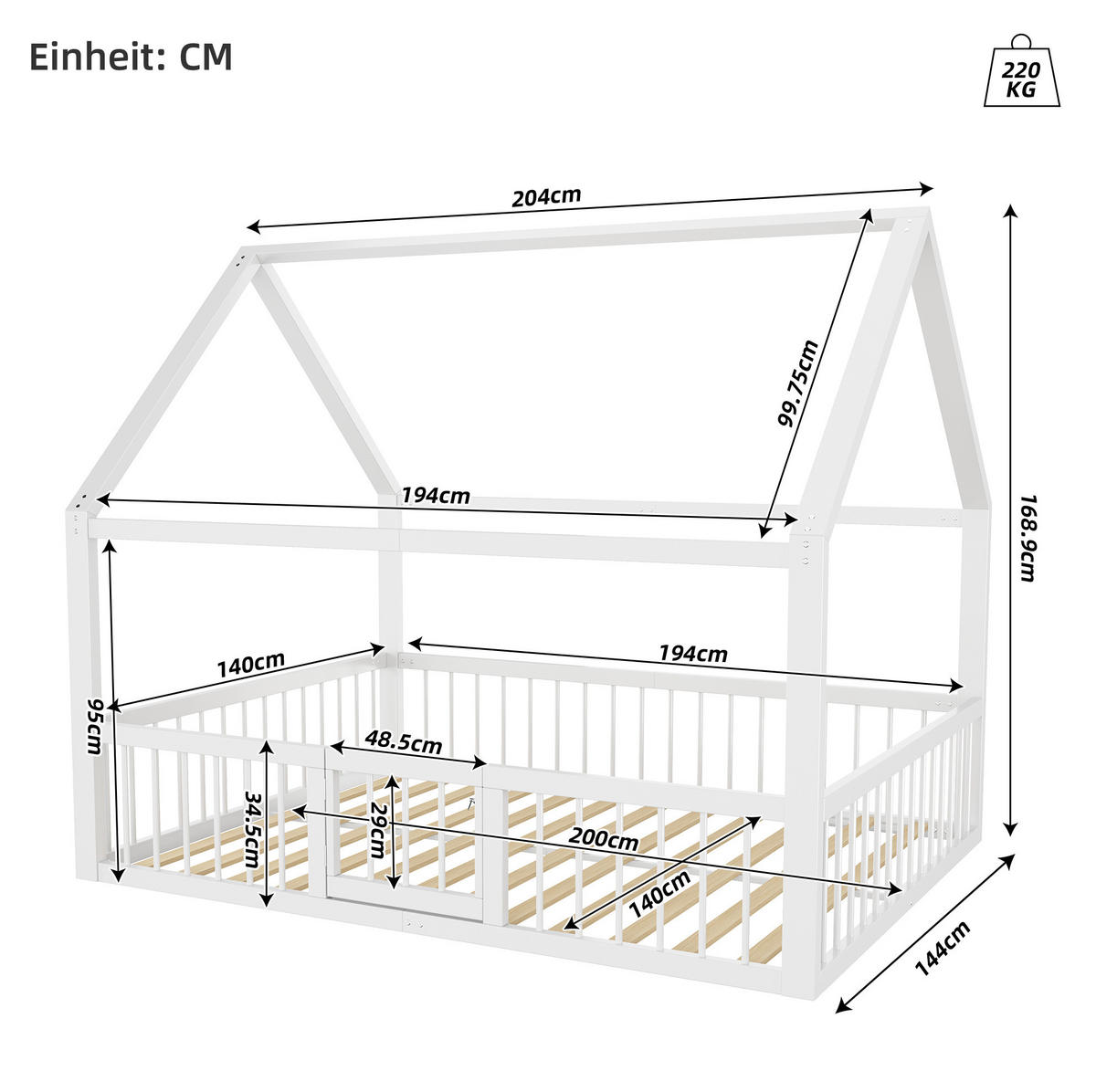 METALLBETT aus Metall 140x200 cm Weiß mit Dachrahmen, Sicherheitsgeländer und Tür - Weiß, Metall (140/200cm) - Modfu