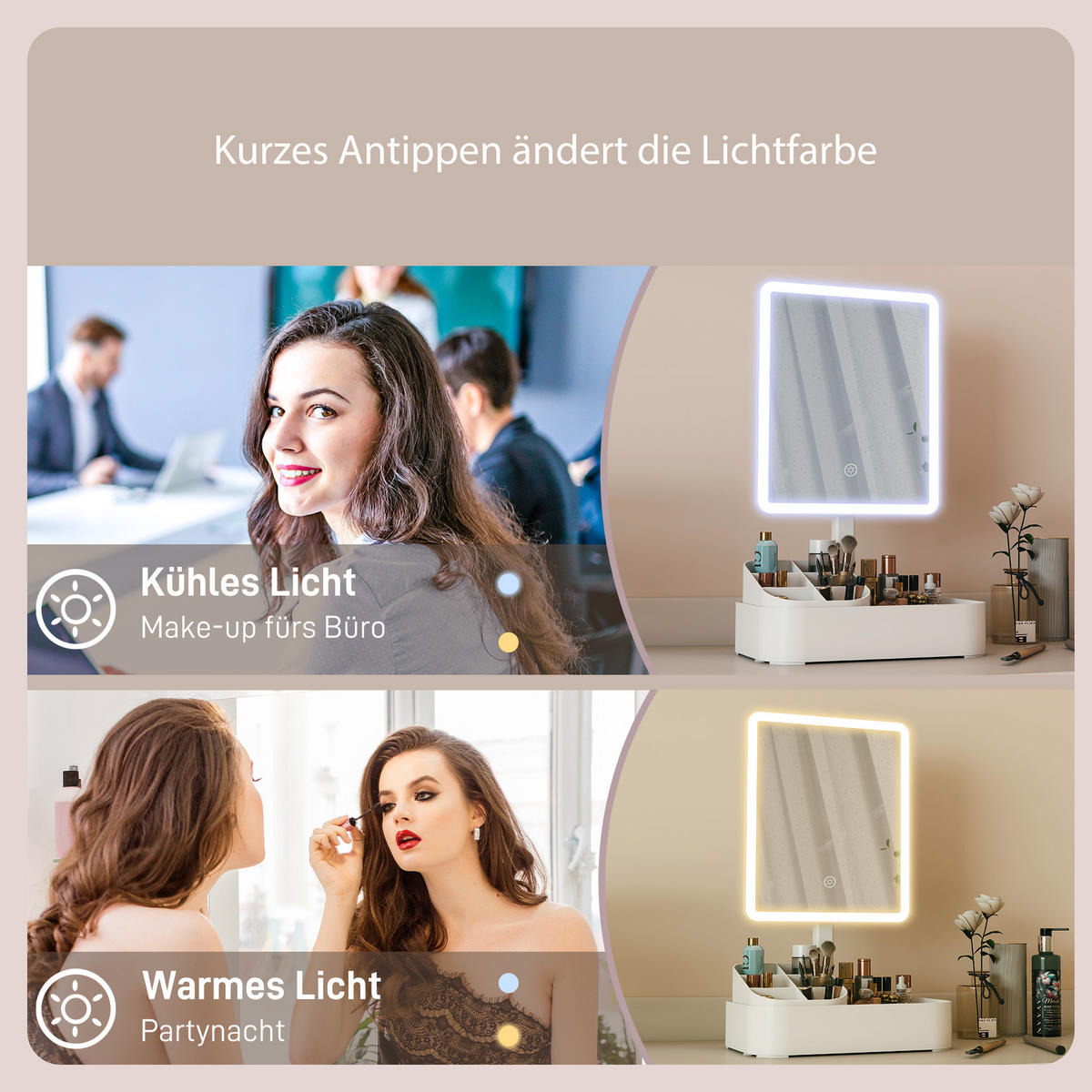 SCHMINKSPIEGEL DE-09874 180° drehbar, LED, 2 Beleuchtungsmodi Weiß - Weiß, Kunststoff (13.8/22/38cm) - ComfortXL