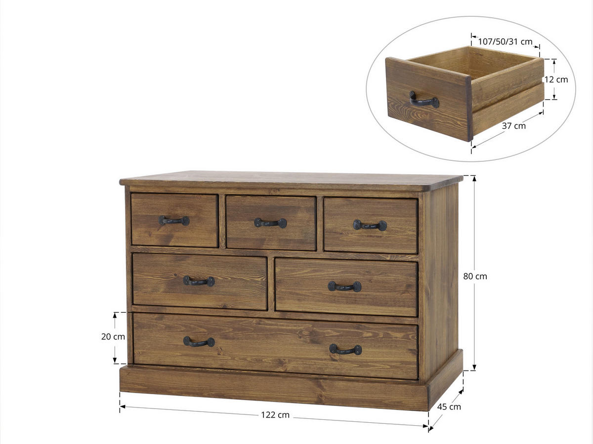 KOMMODE aus Massivholz Rustyk 3/6 - Dunkelbraun, Holz (122/80/45cm) - Seart