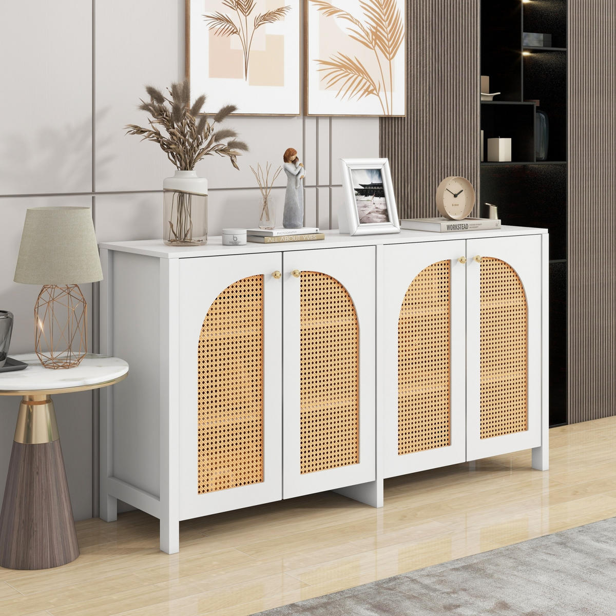 SIDEBOARD 145x40x80 cm, 4 Türen, Rattanoptik, Weiß - Weiß, Holz (145/80/40cm)