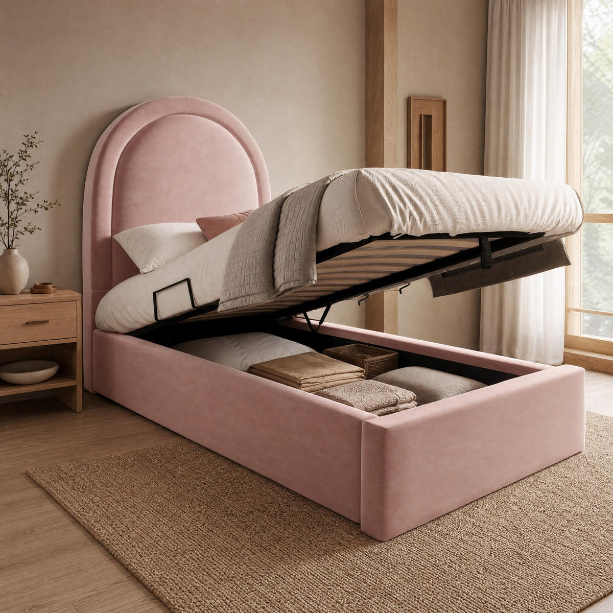 POLSTERBETT 90/200 mit Bettkasten und hydraulischem Lattenrost in Rosa - Rosa, Holzwerkstoff/Textil (90/200cm) - EVRYAE