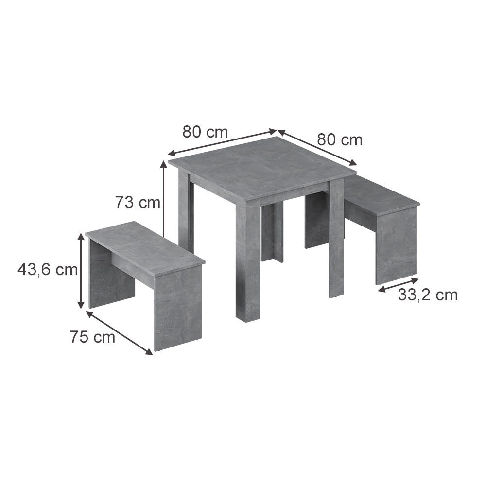 ESSTISCH SET Sentio Beton 80 x 80 cm mit 2 Bänken - Grau, Holzwerkstoff (80/73/80cm) - Vicco