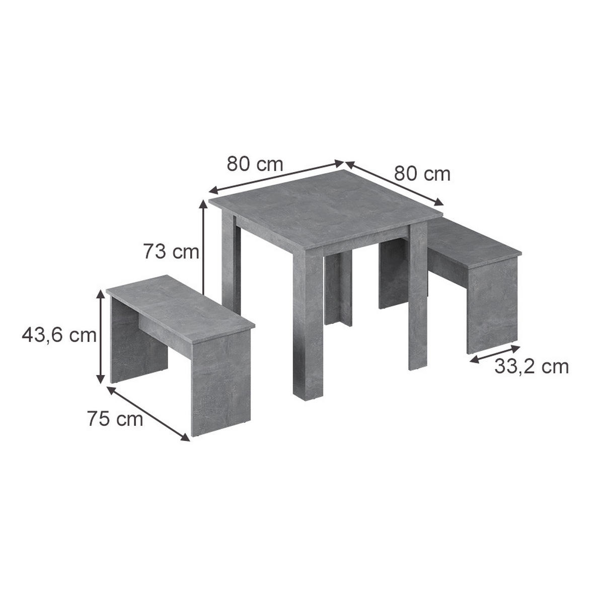 ESSTISCH SET Sentio Beton 80 x 80 cm mit 2 Bänken - Grau, Holzwerkstoff (80/73/80cm) - Vicco