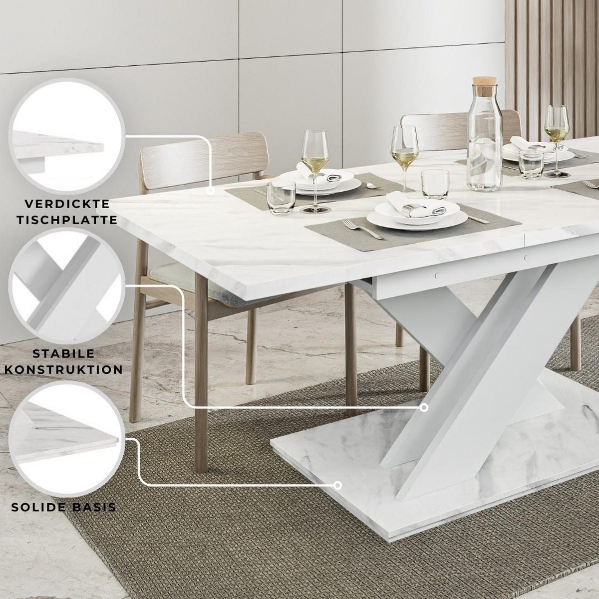 ESSTISCH Bianco Weiß Marmoptik Ausziehbar 140 - 180 cm - Weiß, Holzwerkstoff (140/80/75cm) - PROSPERO