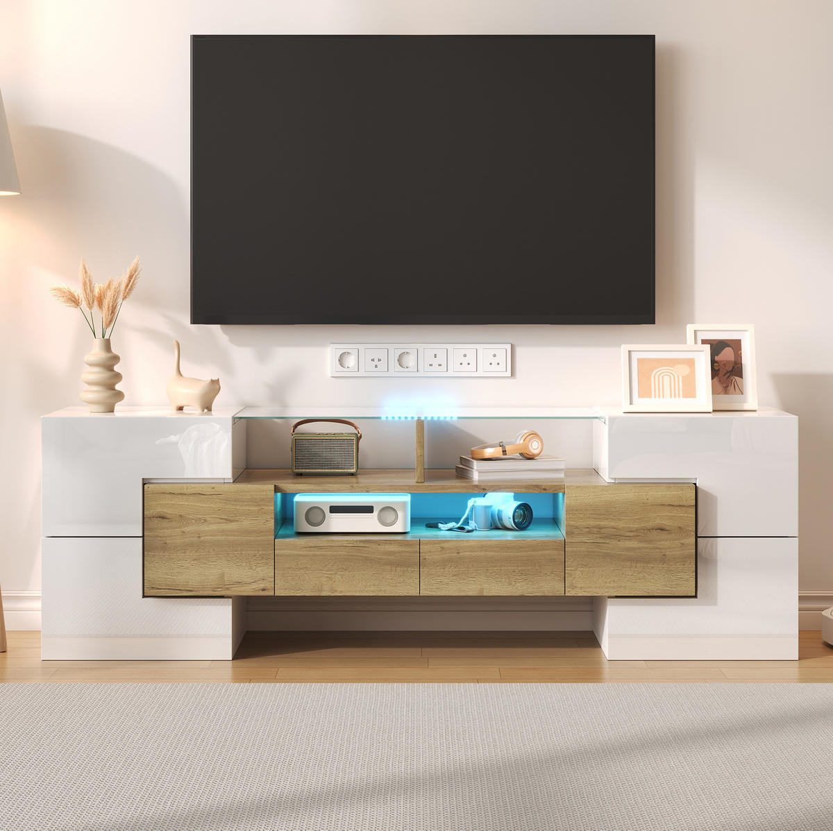 LOWBOARD 145/30/51 cm Weiß/Gold aus MDF mit LED-Beleuchtung - Weiß, Holzwerkstoff (30/51/145cm) - OKMYHOME