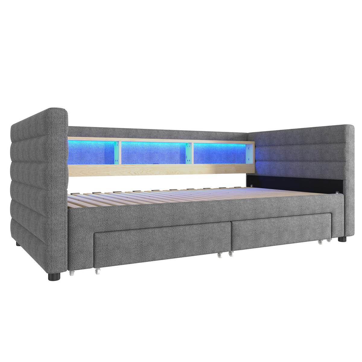 TAGESBETT 90/190 cm DE-04688, mit LED, 2 Schubladen und Ausziehbett in Grau - Grau, Holzwerkstoff/Metall (90/190cm) - ComfortXL