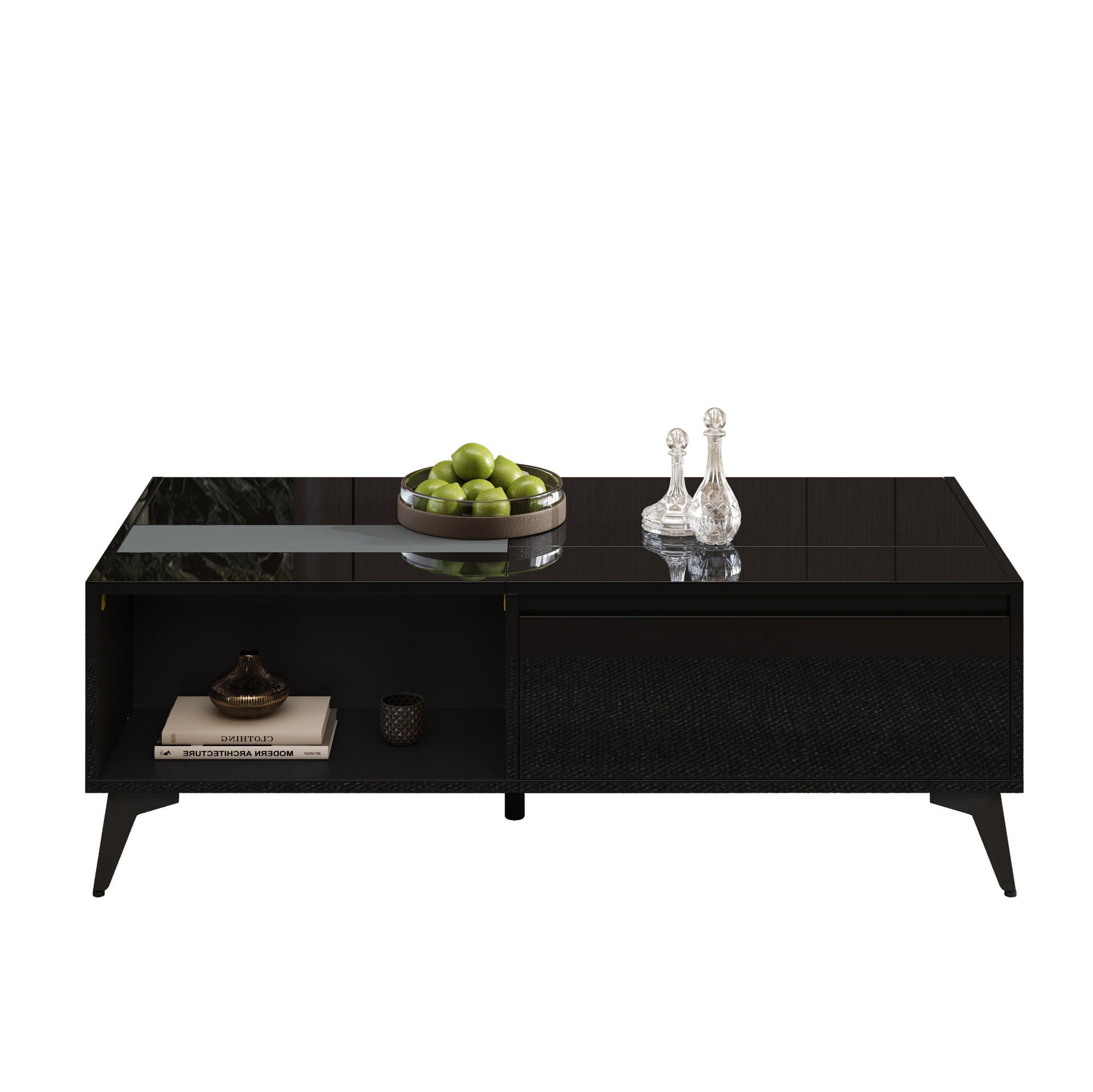 COUCHTISCH 110/50 cm höhenverstellbar mit Stauraum und offenen Fächern - Schwarz, Holzwerkstoff (110/50/48cm) - BEAOK