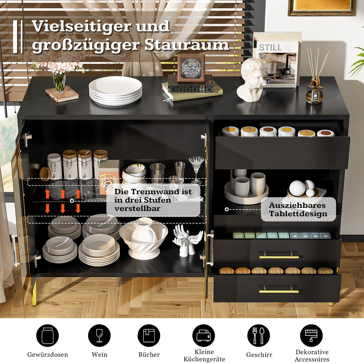 SIDEBOARD Schwarz 120/39.5/84 cm - Schwarz, Glas/Holzwerkstoff (39.5/84/120cm) - Urban Meuble