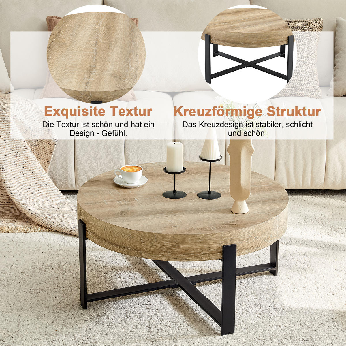 COUCHTISCH aus MDF und Metall Ø68x36 cm in Naturholz mit Kreuzgestell - Naturfarben, Holzwerkstoff (68/68/36cm) - Modfu
