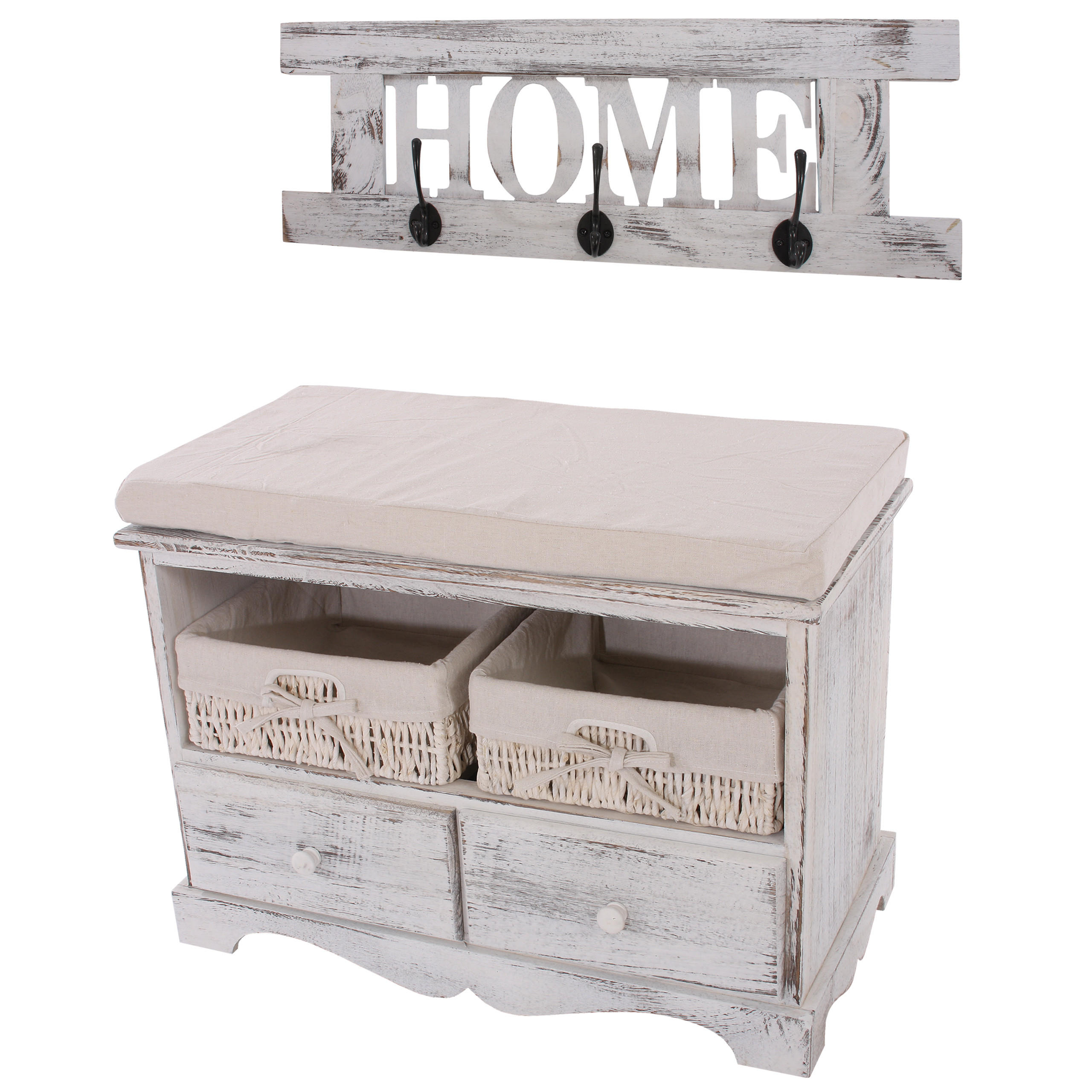 GARDEROBE MIT SITZBANK SHABBY Weiß 2er-Set - Weiß, Holz (62/42/33cm) - MCW
