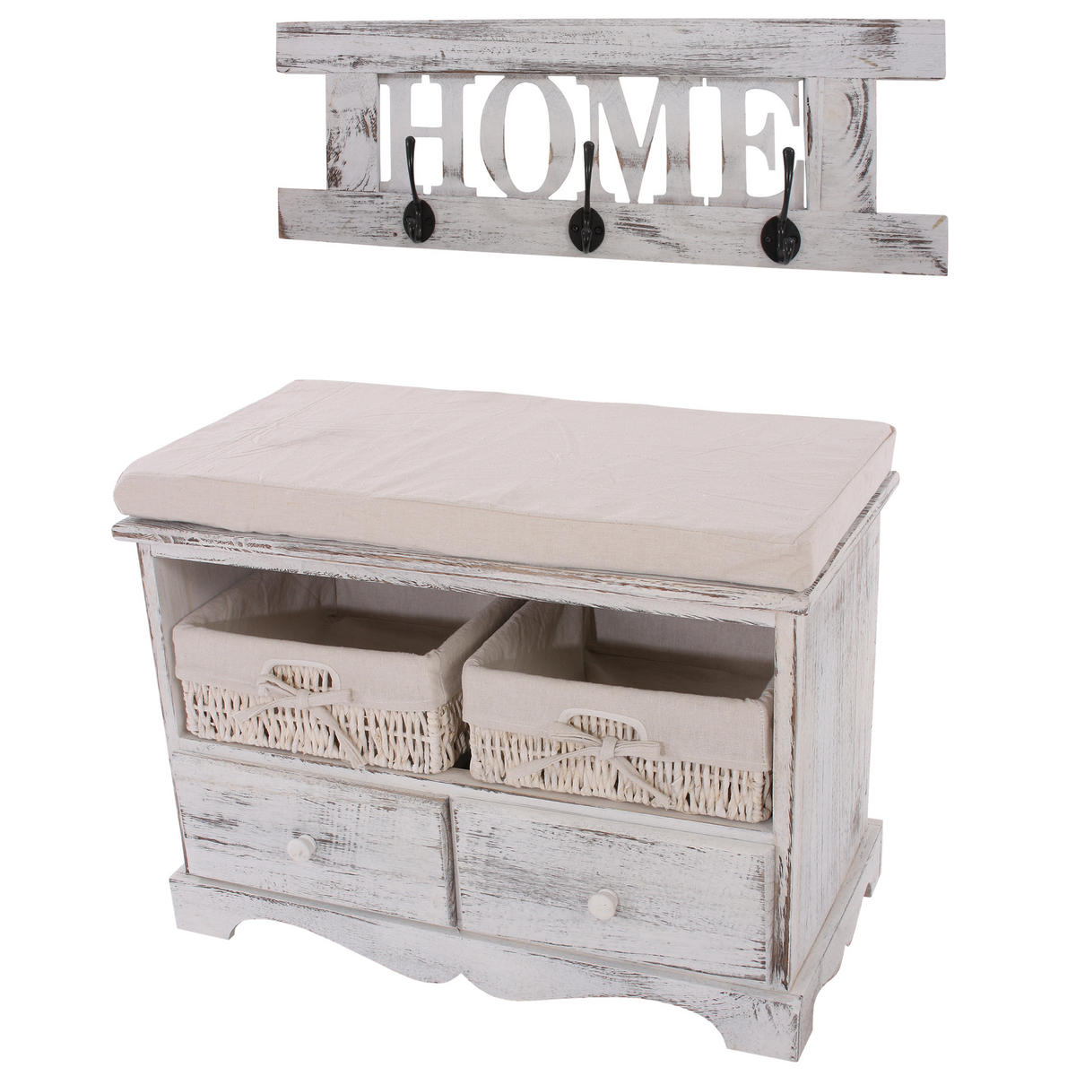 GARDEROBE MIT SITZBANK SHABBY Weiß 2er-Set - Weiß, Holz (62/42/33cm) - MCW