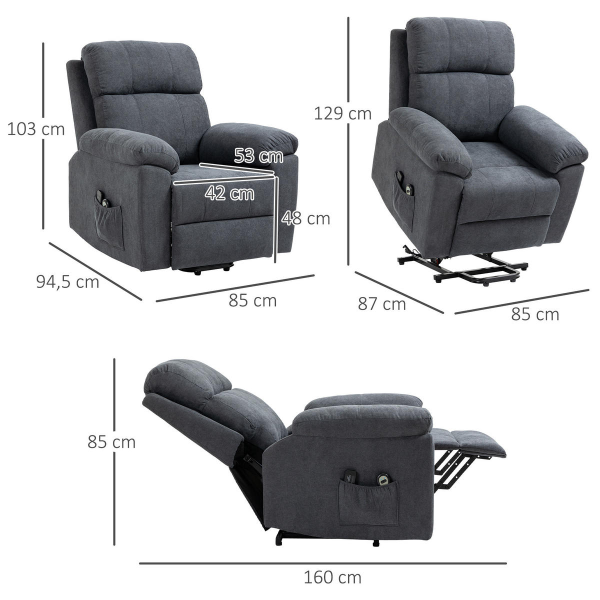 SESSEL mit Aufstehhilfe, Grau - Grau, Kunststoff (99/103/89cm) - HOMCOM