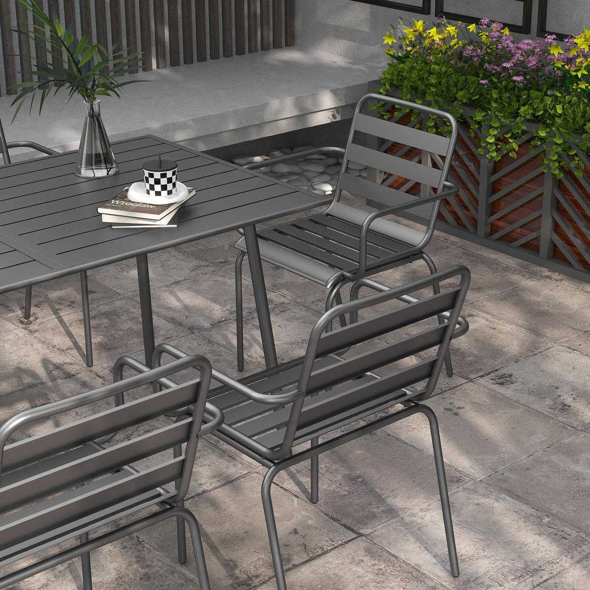 GARTENTISCHGRUPPE DE-18092 7-teilig, stapelbar Dunkelgrau - Grau, Metall - ComfortXL