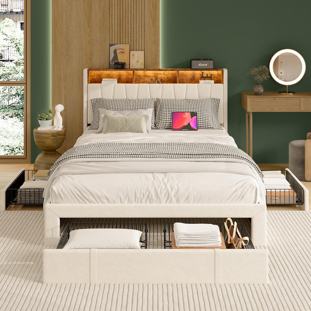 POLSTERBETT 160x200 cm LED USB 3 Schubladen Kopfteil Samt beige - Beige, Holz (160/200cm) - LEBENLANG