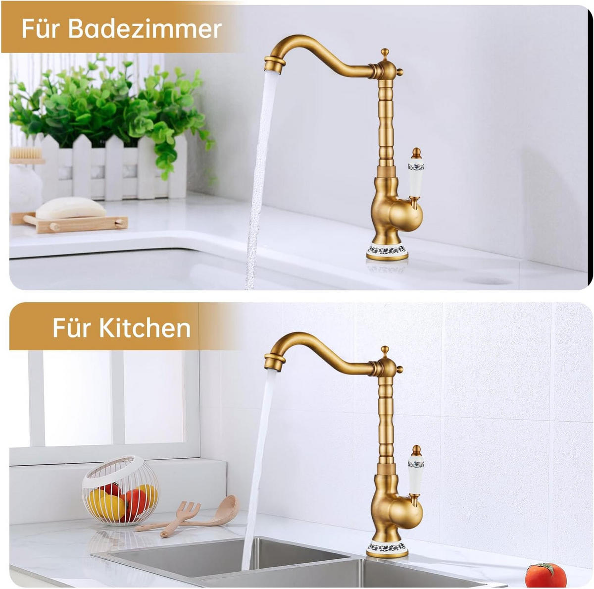KÜCHENARMATURN, 36*23*7cm, gold, Keramik und elegantes Messingdesign. - Goldfarben, Metall (40/10/27cm) - Vallsero