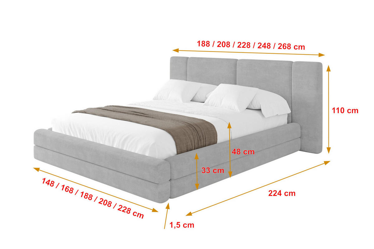 POLSTERBETT mit Bettkasten und Lattenrost, Bett mit Matratze H3/H4 - TEVO 160x200 Grau - Hellgrau, Holzwerkstoff/Textil (160/200cm) - ALTDECOR
