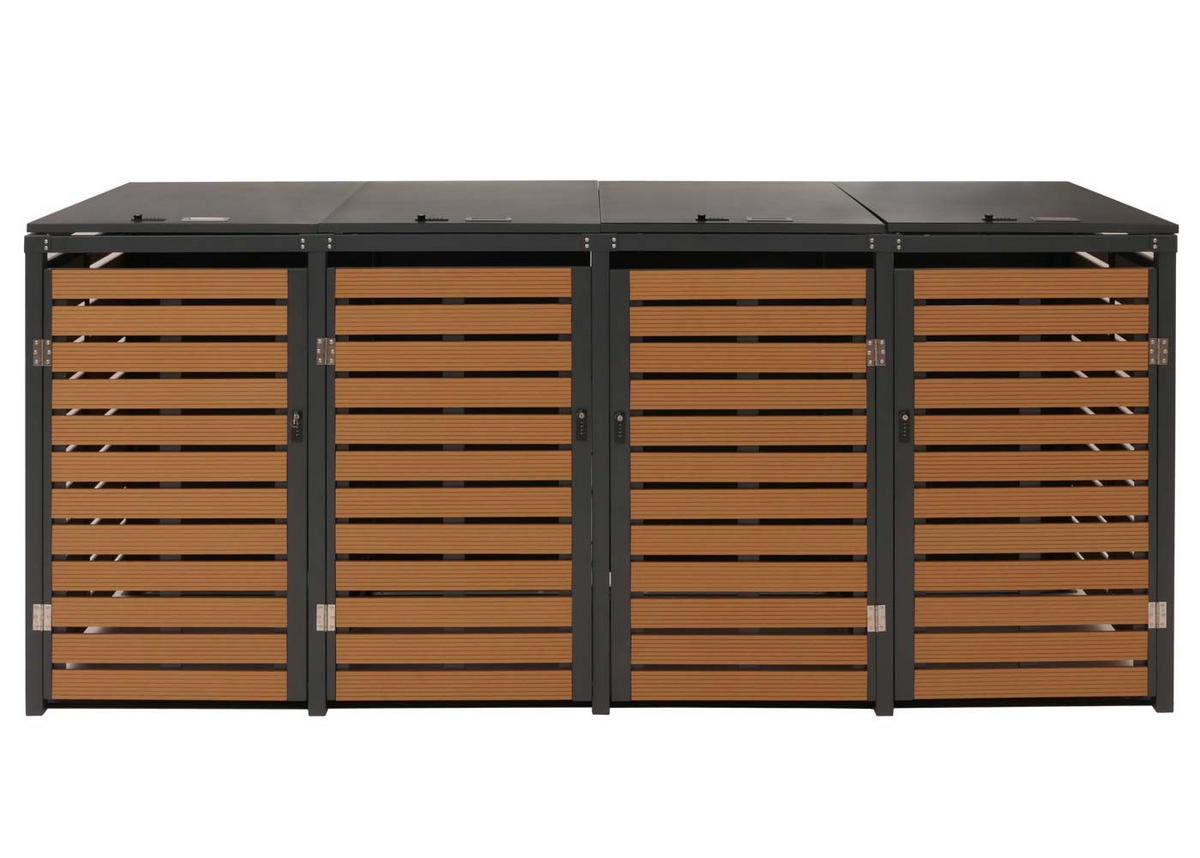 MÜLLTONNENBOX 4er HxBxT 119x264x84cm Teak-Optik WPC Metall 130kg - Teakfarben, Metall (264/119/84cm) - PROREGAL