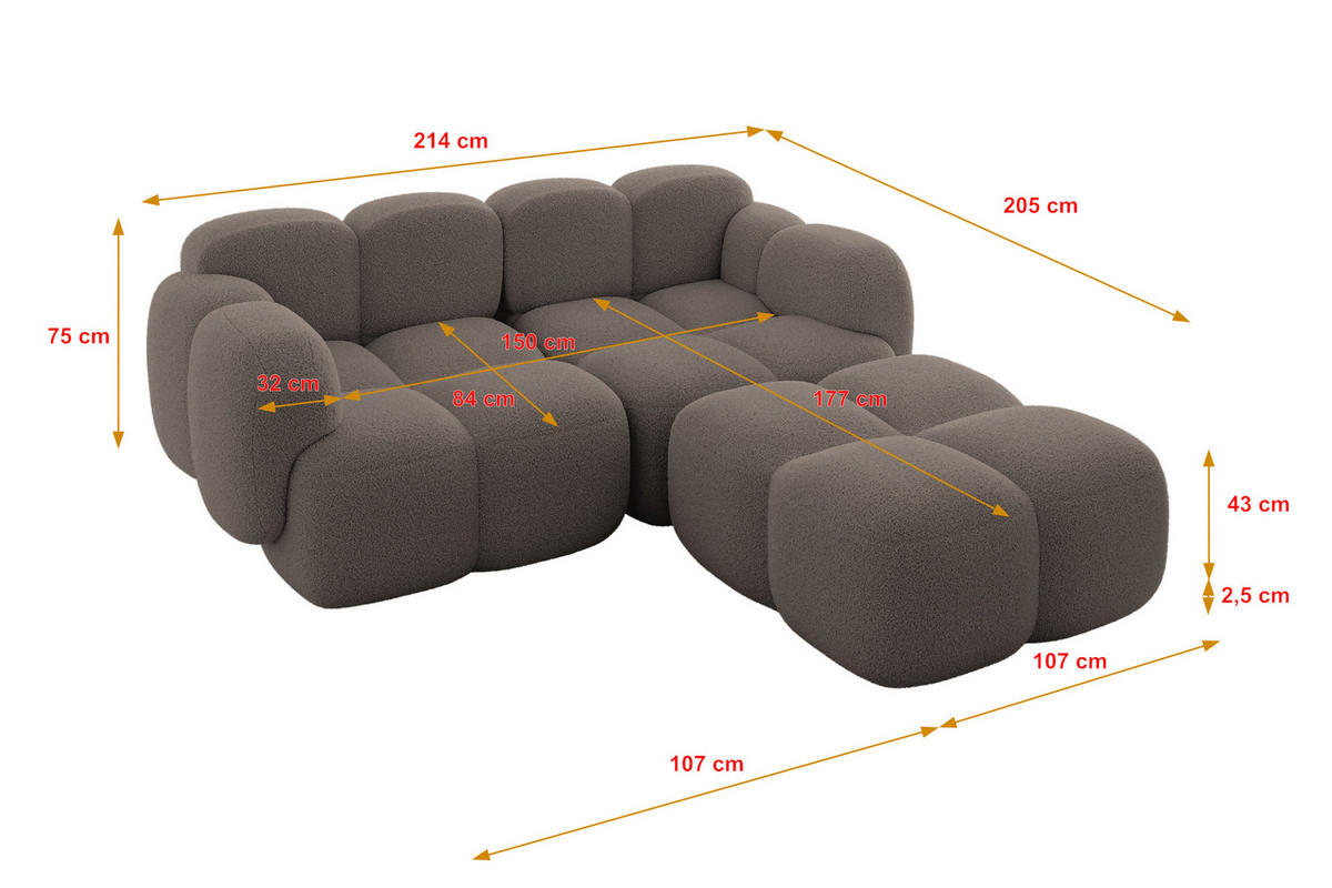 ECKSOFA modulares Sofa Rechts Miko-L1 214x205x75 Braun Bouclé - Dunkelbraun/Schwarz, Holzwerkstoff/Kunststoff (214/205cm) - ALTDECOR