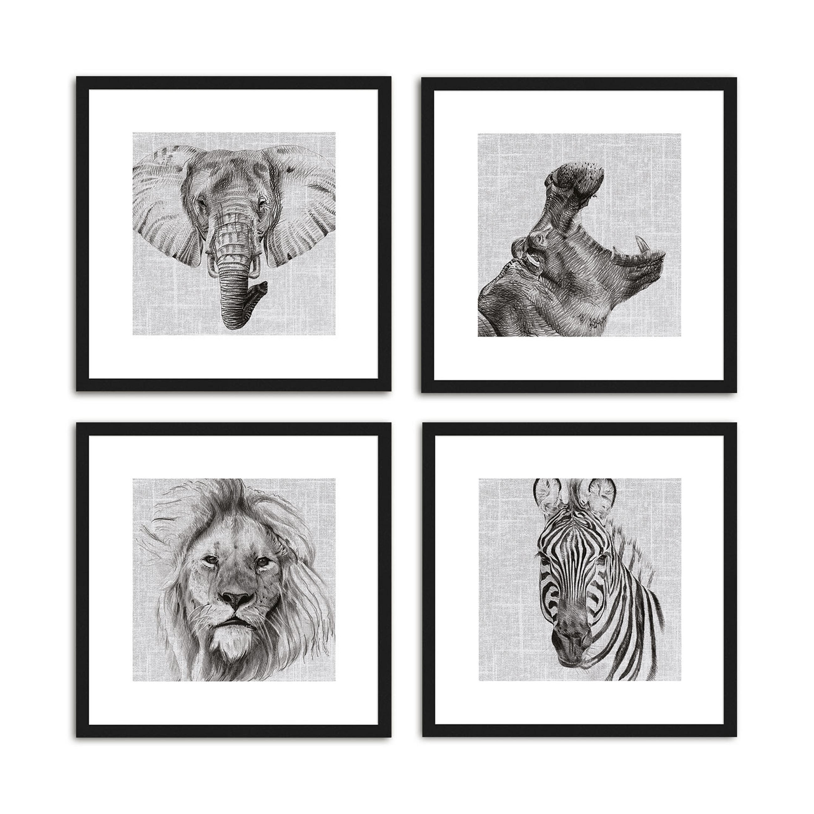 BILDER-SET mit Rahmen 4 x 30x30 cm Tiere schwarz weiß - Weiß, Holz (30/30cm) - artissimo