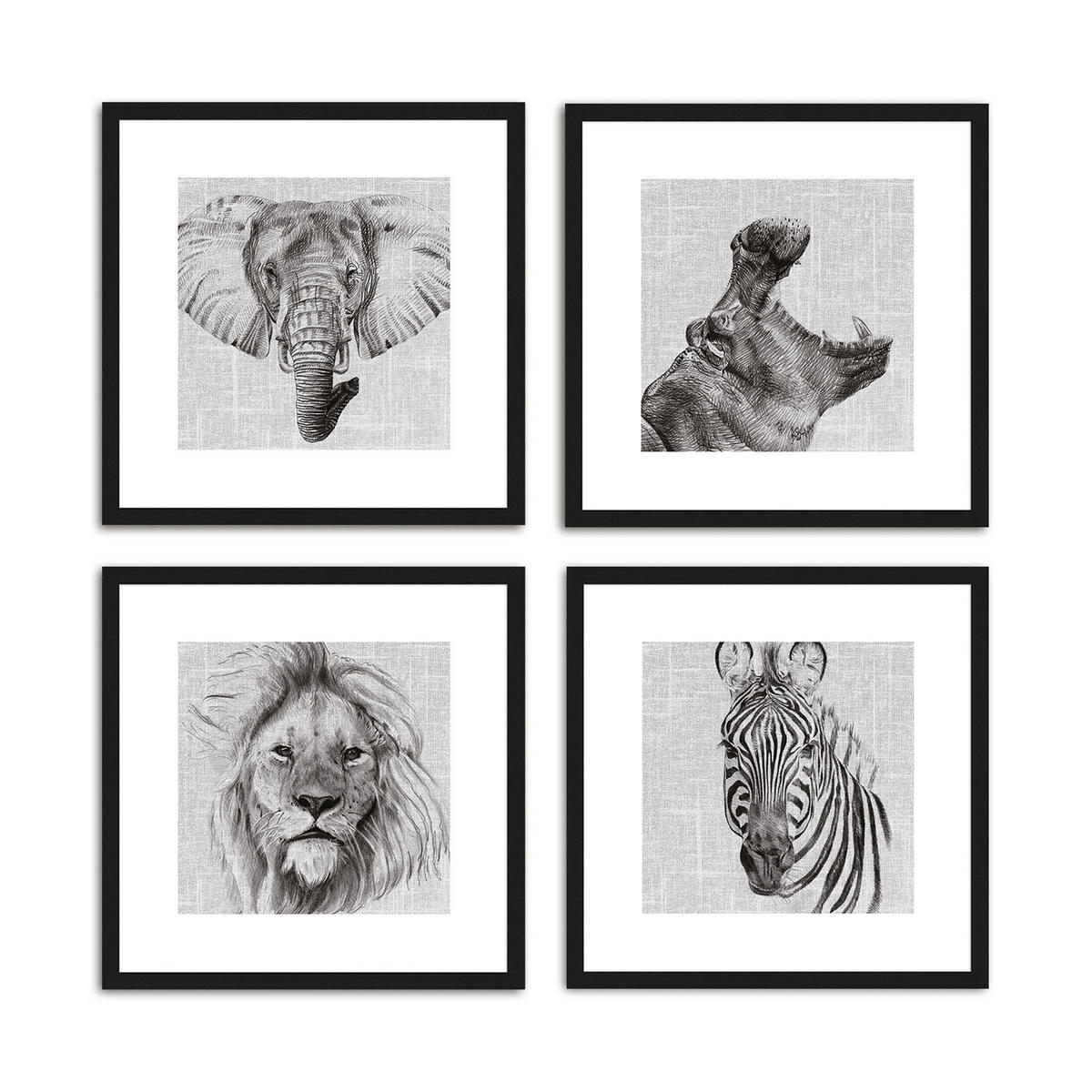 BILDER-SET mit Rahmen 4 x 30x30 cm Tiere schwarz weiß - Weiß, Holz (30/30cm) - artissimo