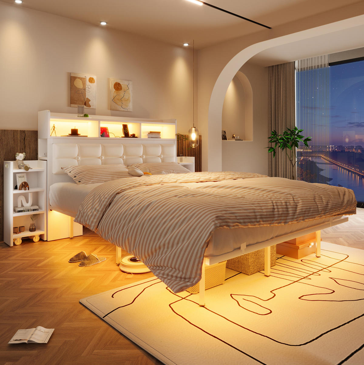 ČALOUNĚNÁ postel 140/190 cm šedá/bílá z kovu s LED osvětlením a nabíjecí stanicí - bílá, kov (140/190cm) - OKWISH