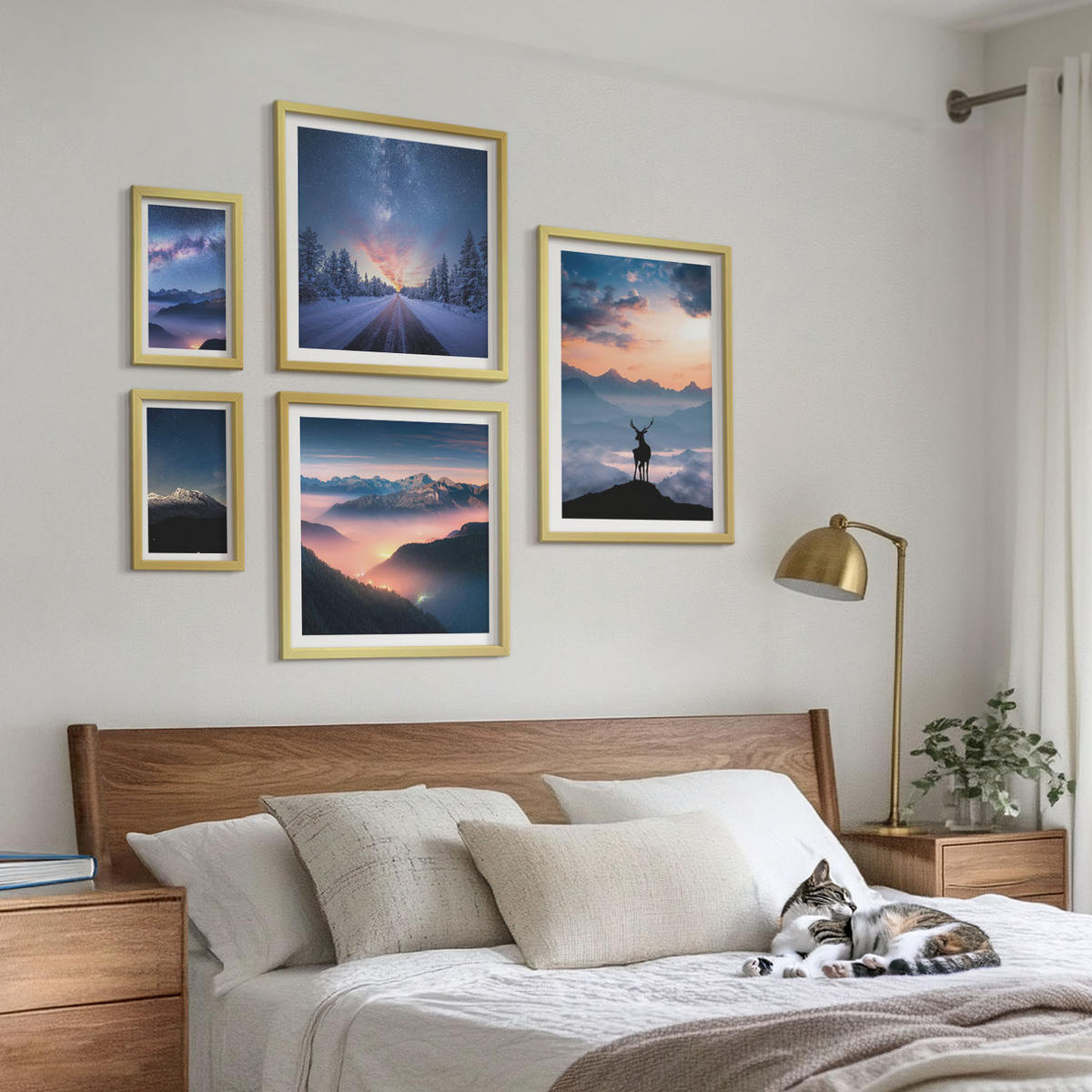 BILDER SET 5er Set - 50x50 cm & 20x30 cm & 40x60 cm Goldrahmen - Nachthimmel Berge Nebel Hirsch - Goldfarben, Kunststoff (40/60cm) - TULUP