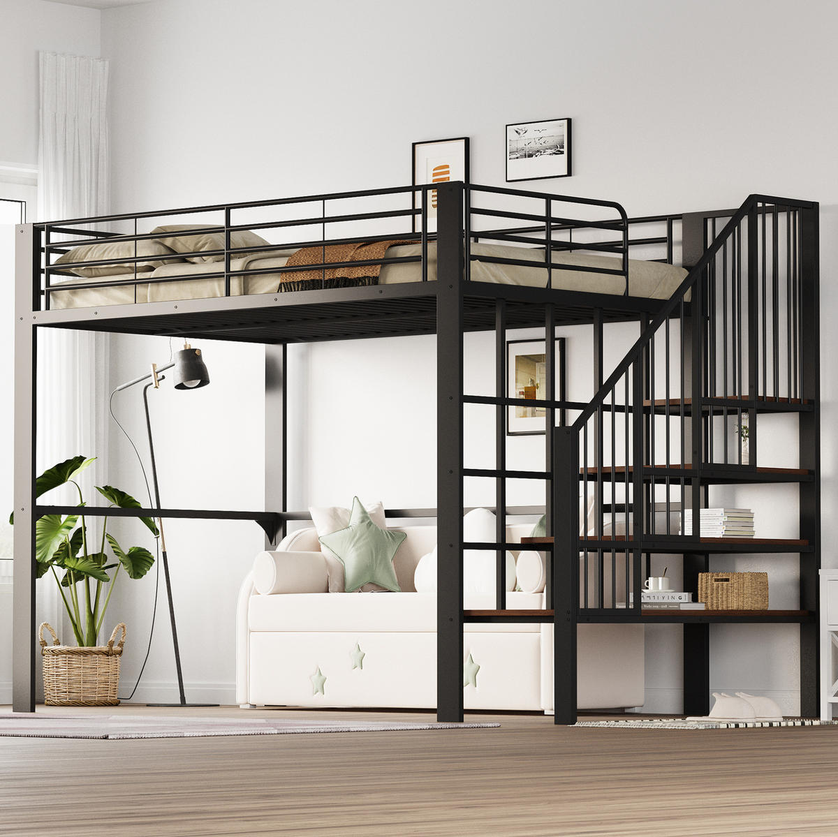 HOCHBETT aus Metall und Holz 140x200 cm Schwarz mit Treppe und Stauraum, stabile Konstruktion - Schwarz, Metall (90/200cm) - Modfu