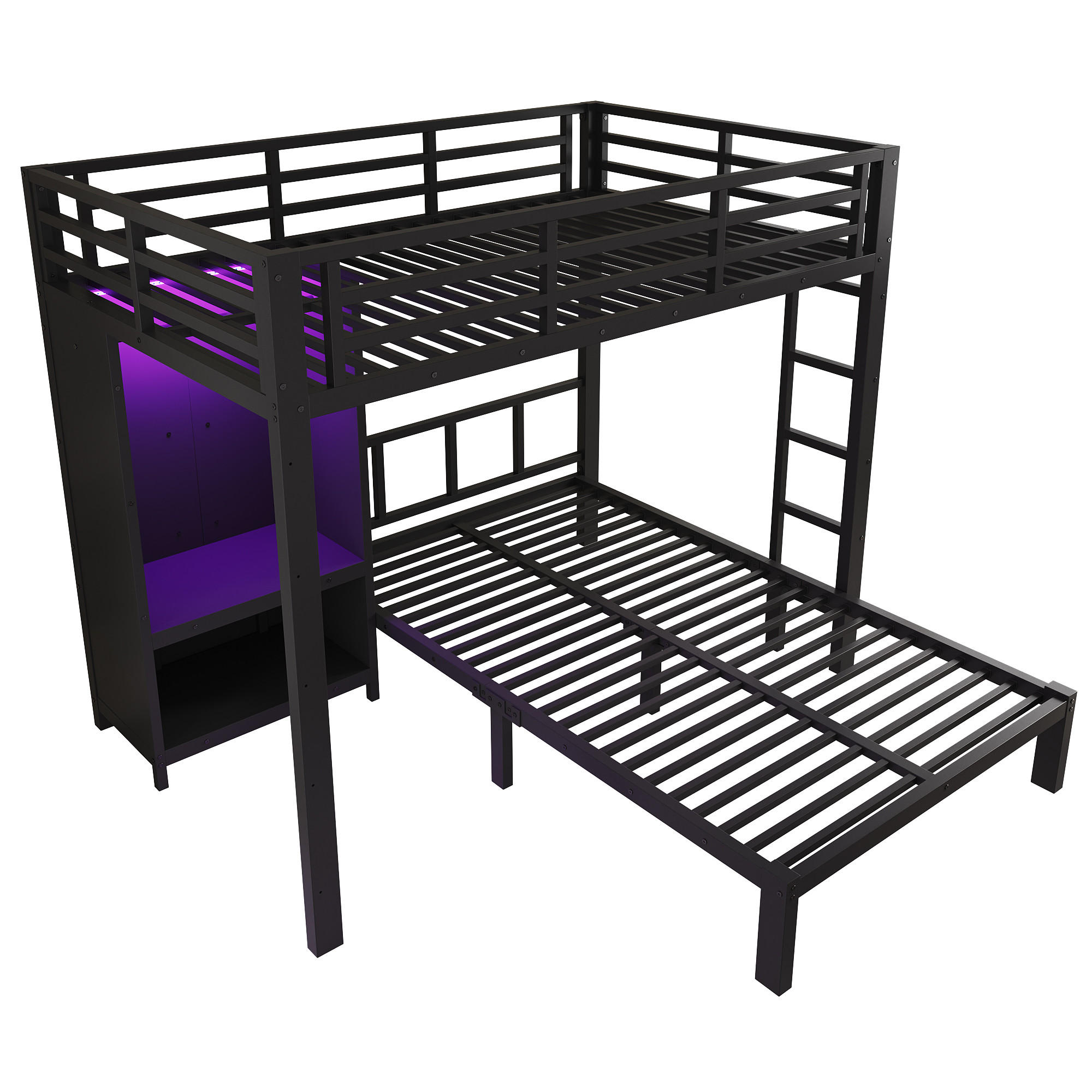 ETAGENBETT 120/200 cm mit Kleiderschrank und LED, DE-41766, in Schwarz - Schwarz, Metall (120/200cm) - ComfortXL