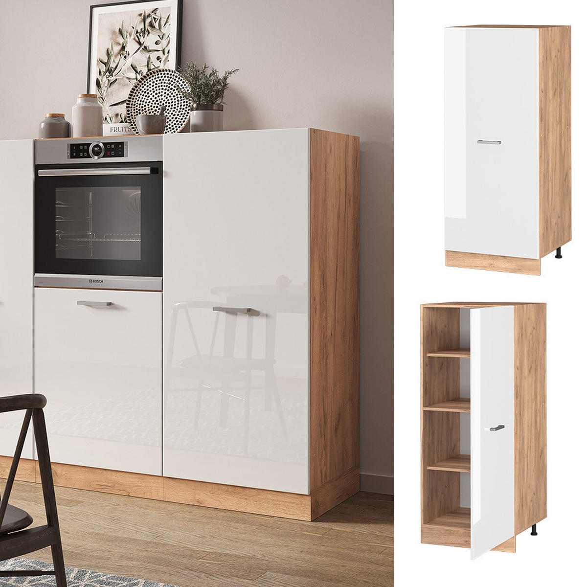 HOCHSCHRANK R-Line Weiß Hochglanz 60 cm - Honigeiche/Weiß Hochglanz, Holzwerkstoff (60/143/57cm) - Vicco