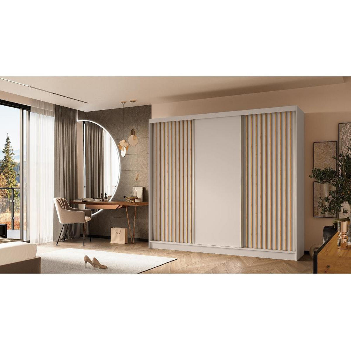 SCHWEBETÜRENSCHRANK Helios II 240/216/61 kaschmir mit Schubladen - Kaschmir, Holzwerkstoff (240/216/61cm) - Beautysofa