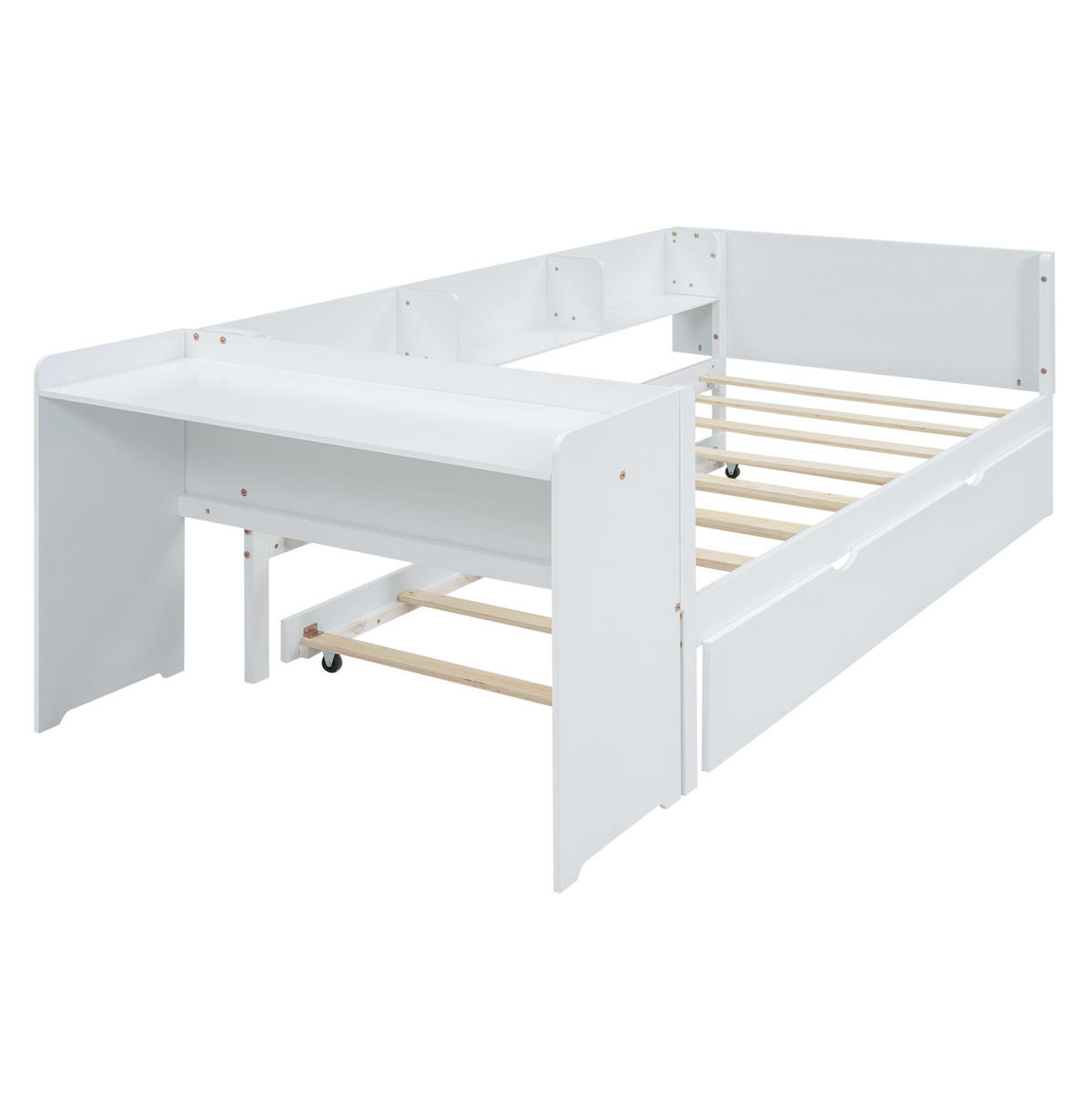 POLSTERBETT aus Kiefer & MDF 90x200 cm in Weiß mit Ausziehbett & Schreibtisch - Weiß, Holzwerkstoff (90/200cm) - Modfu