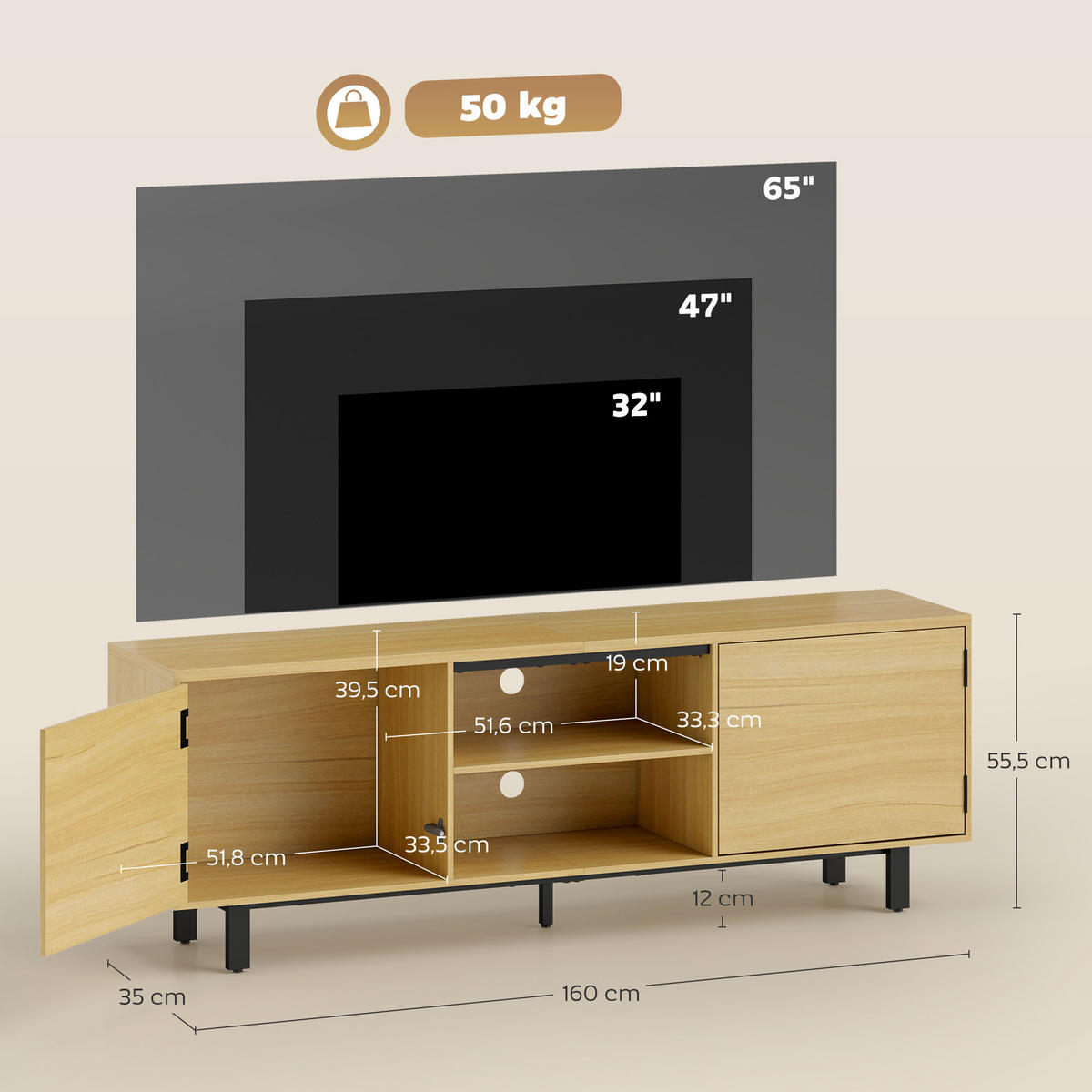 TV-LOWBOARD Naturfarben/Schwarz 160/35/55,5 cm, Push-to-Open, 2 Türen - Naturfarben, Holzwerkstoff (160/55.5/35cm) - PANGIVO