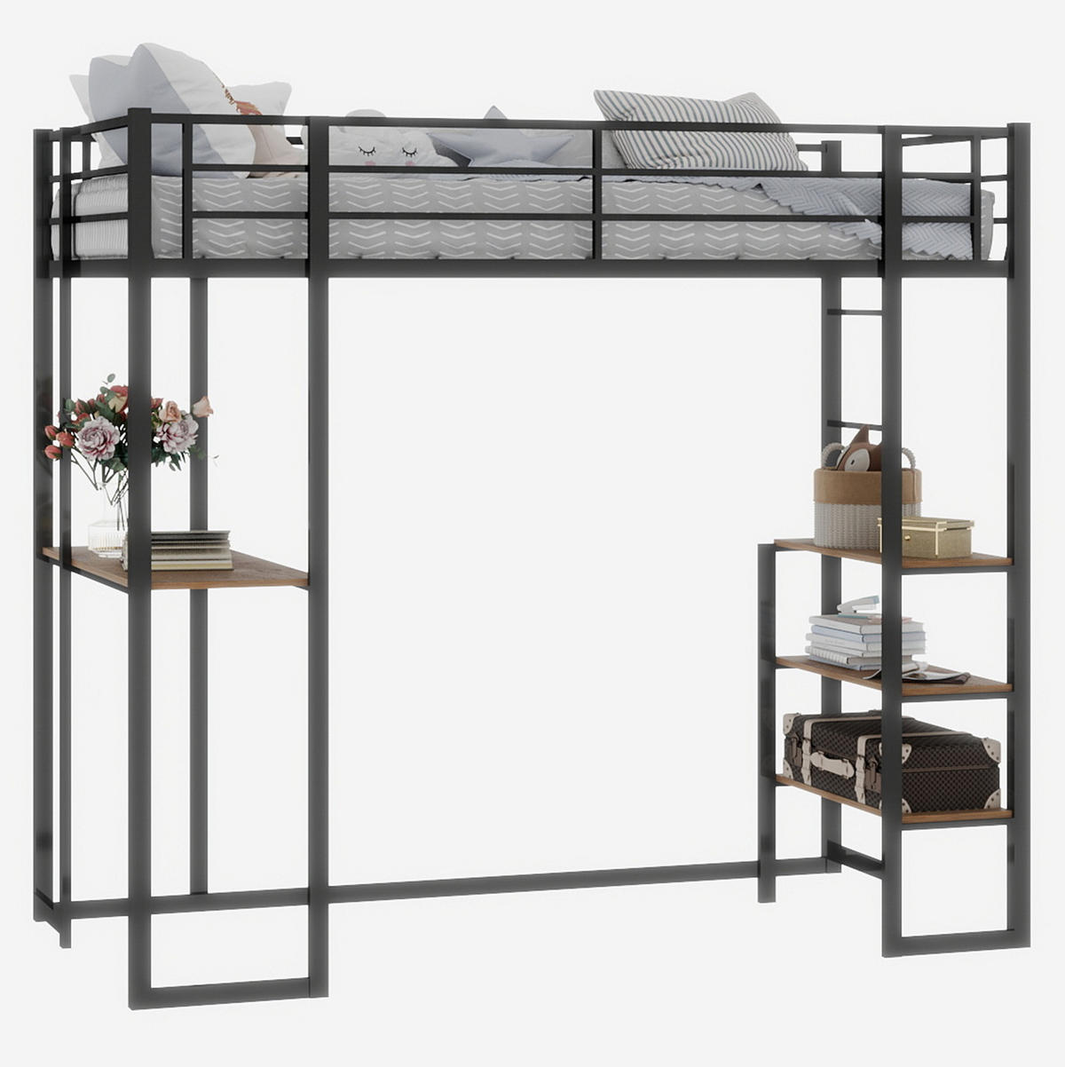HOCHBETT 90/200 cm mit Schreibtisch, beidseitiger Leiter und stabilem Eisenrahmen, Schwarz - Schwarz, Metall (90/200cm) - Redom