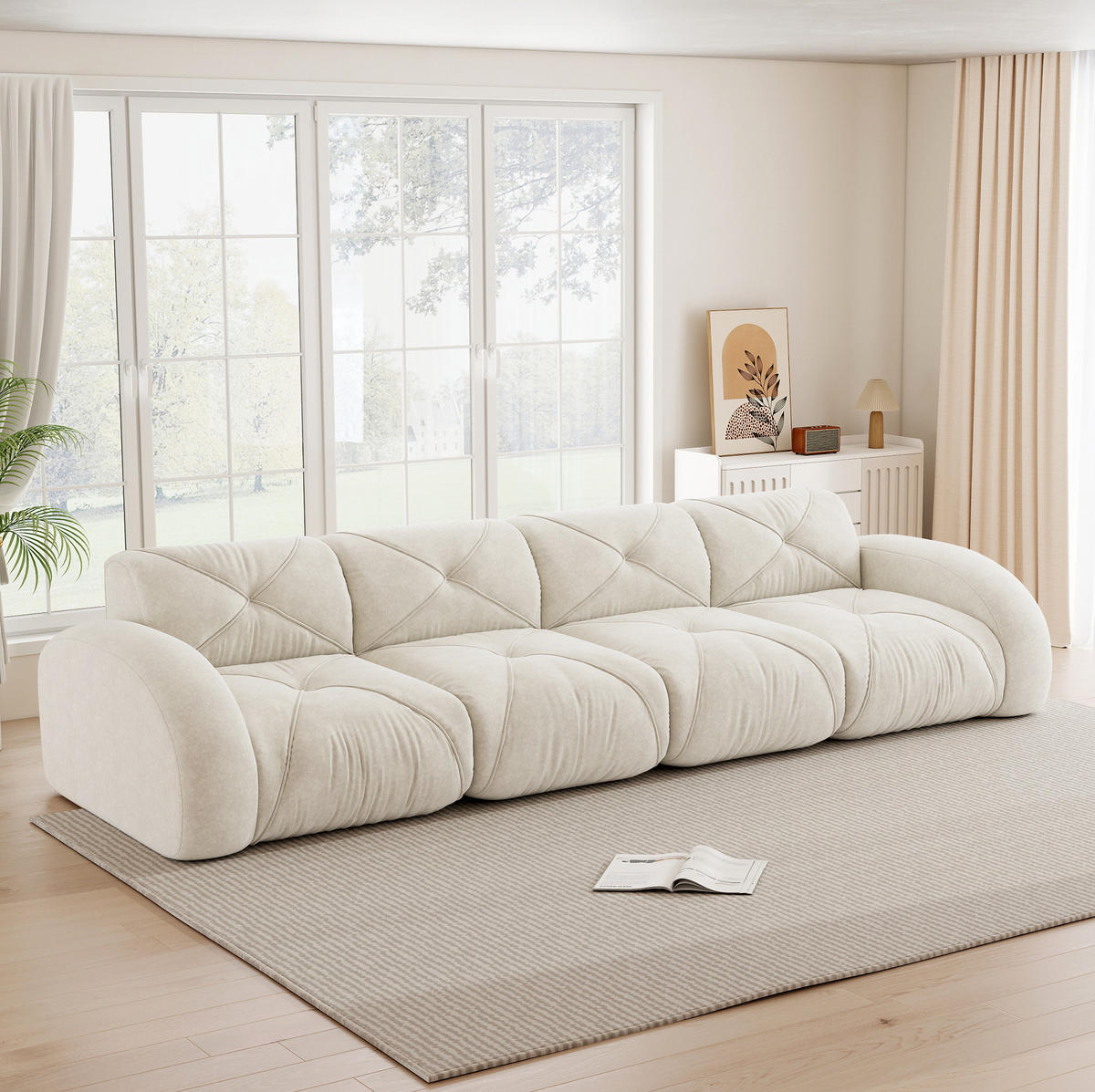 SOFA 358/95/76 cm in Hellbeige aus Chenille mit modularem Design - Beige, Textil (95/76/358cm) - Flora Grace