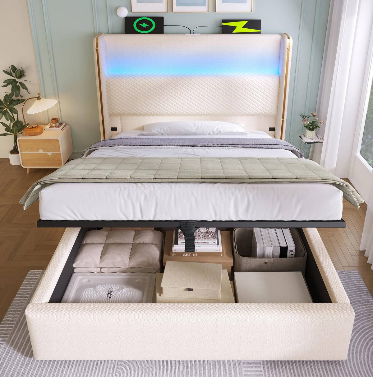 ČALOUNĚNÁ postel 90/200 cm béžová z lnu s LED osvětlením USB-C a úložným prostorem - béžová, textil (90/200cm) - OKWISH
