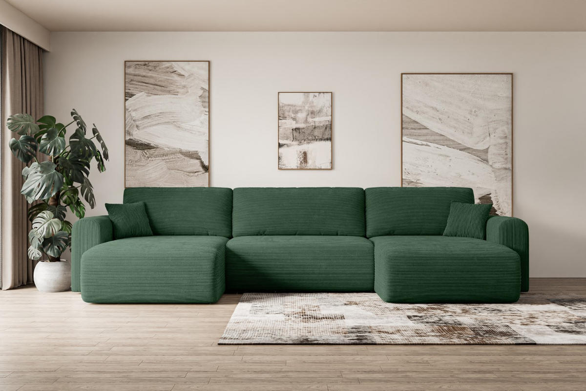 WOHNLANDSCHAFT mit Schlaffunktion und Bettkasten ORRO-U - 362x145x83 cm Grün Cord - Schwarz/Grün, Holzwerkstoff/Kunststoff (362/83/145cm) - ALTDECOR