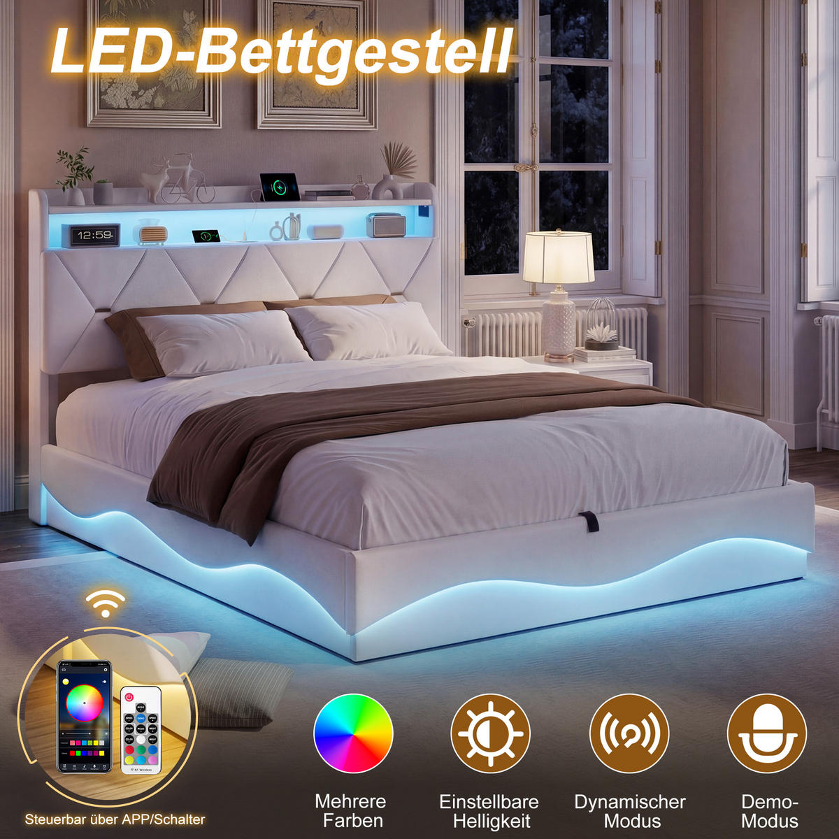 POLSTERBETT 140x200 cm mit Bettkasten, hydraulischer Stauraum, LED, USB & Type-C, Kopfteil mit Ablage und Lattenrost, Beige - Beige, Metall (140/200cm) - EuroLiving